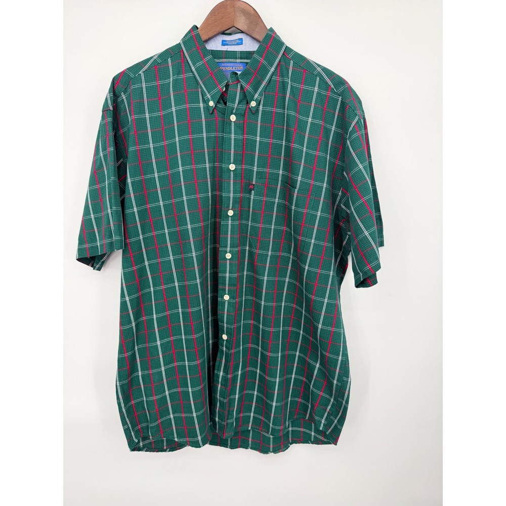 Pendleton Button Down Shirt Mens L Green Plaid Excellent Short Sleeve Cotton
